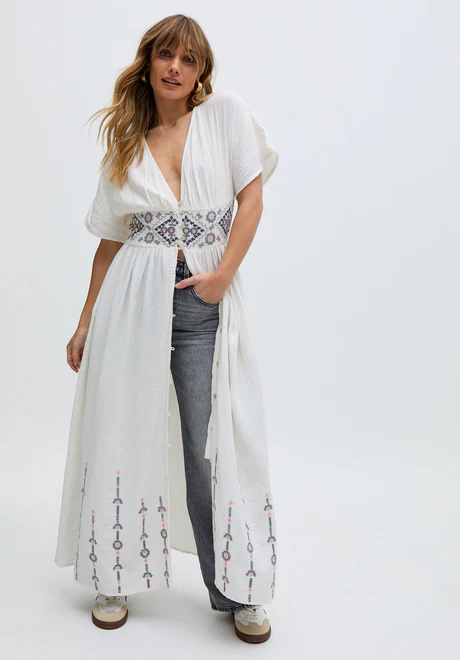 White button embroidered maxi skirt