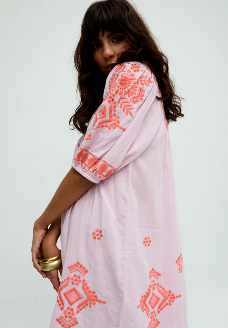 Pink Square Neck Embroidered Mini Dress