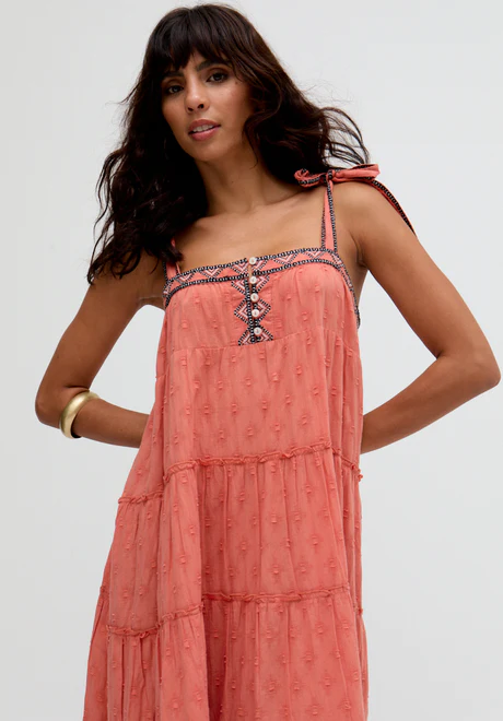 Orange multi-layered embroidered maxi skirt