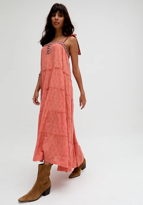 Orange multi-layered embroidered maxi skirt