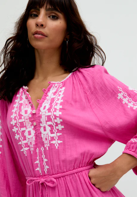 Pink Tiered Ruffle Embroidered Mini Dress