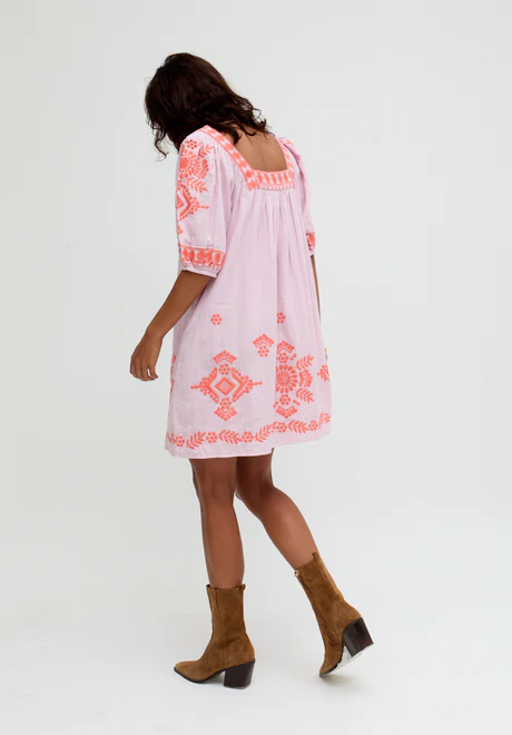 Pink Square Neck Embroidered Mini Dress