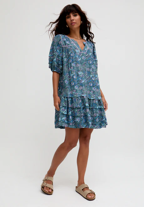 tiered hem floral-print mini dress