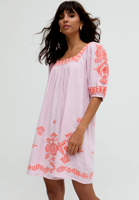 Pink Square Neck Embroidered Mini Dress