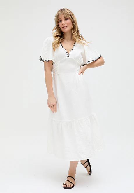 White V-Neck Tie-Front Midi Dress