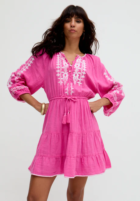 Pink Tiered Ruffle Embroidered Mini Dress