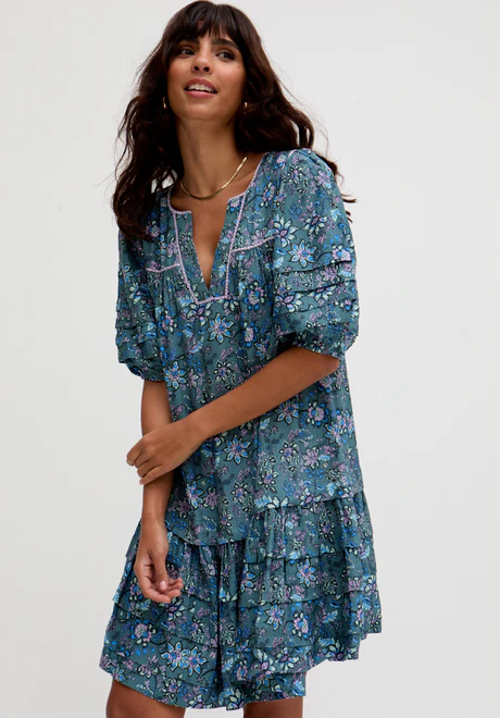 tiered hem floral-print mini dress
