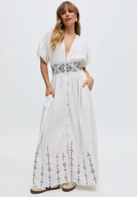 White button embroidered maxi skirt