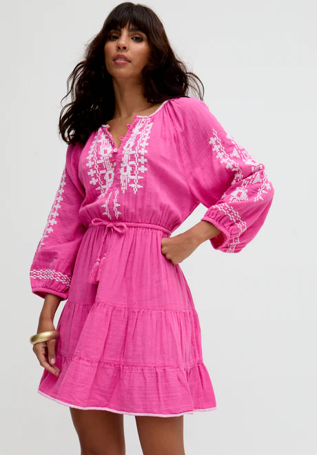 Pink Tiered Ruffle Embroidered Mini Dress