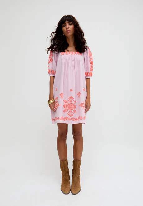 Pink Square Neck Embroidered Mini Dress