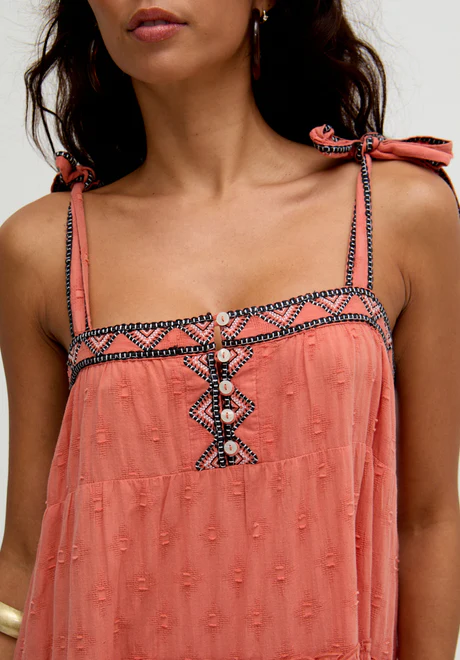 Orange multi-layered embroidered maxi skirt
