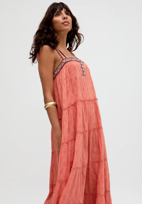 Orange multi-layered embroidered maxi skirt