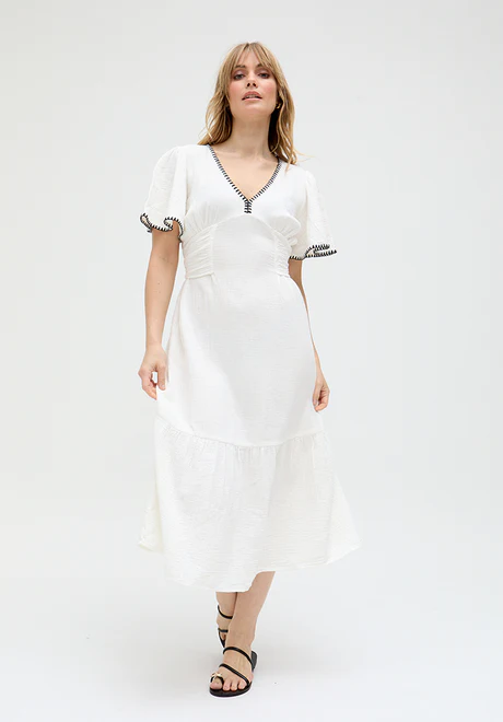 White V-Neck Tie-Front Midi Dress