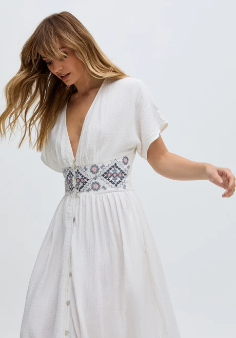 White button embroidered maxi skirt